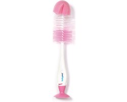 Witte flessenborstel met roze spons en zuignap