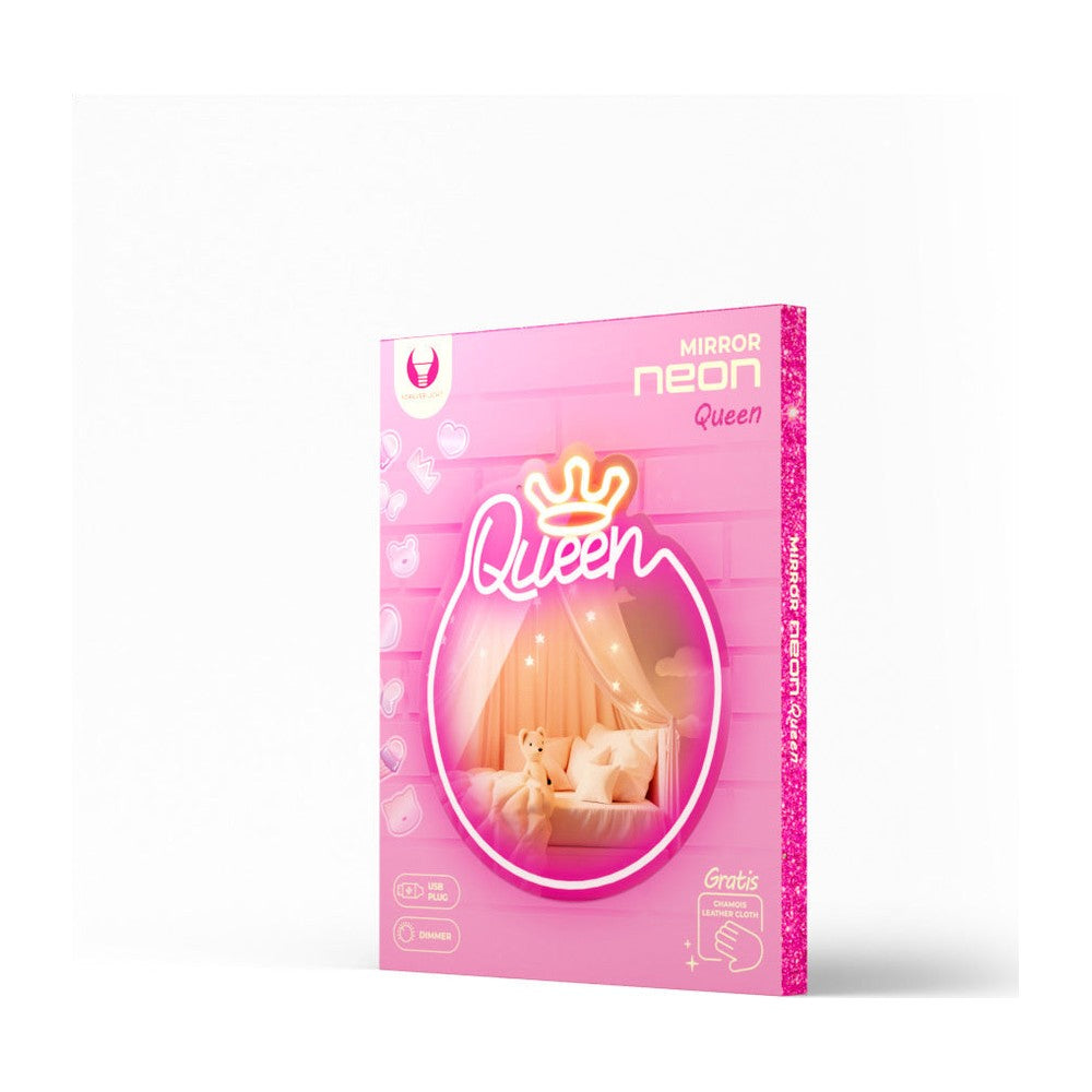 Forever Light LED neon wandspiegel Queen, dimbaar, warm wit en roze, met USB