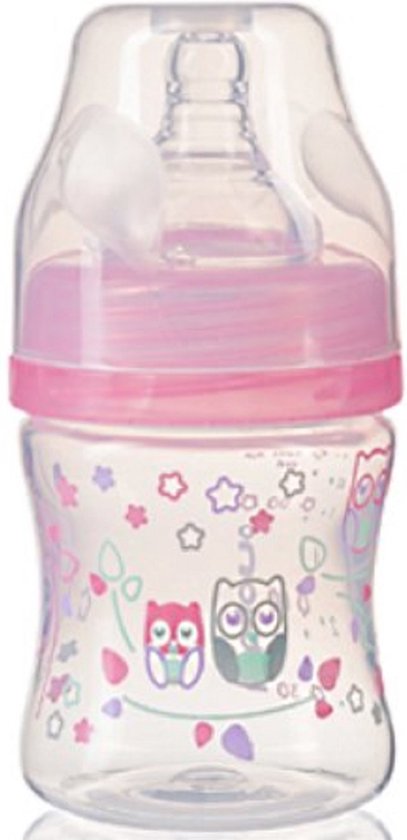 Roze babyfles met brede hals en uiltjesprint, 120 ml