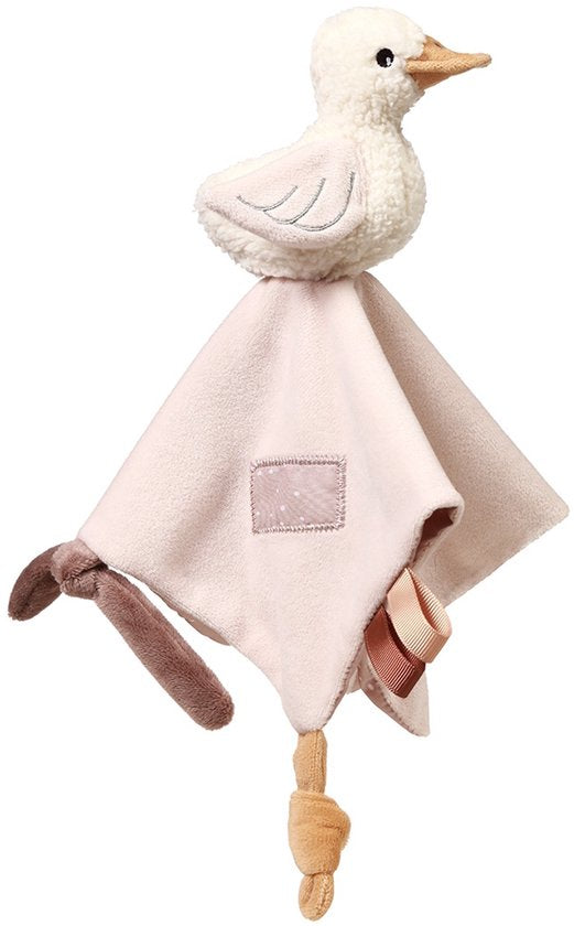 Wit-roze knuffeldoekje met gansje en rammelaar