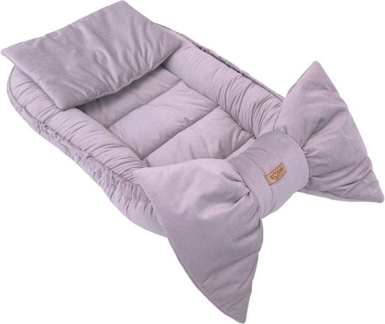 Babynestje Velvet Bow in zacht grijs met decoratieve strik, 3 opstellingen in 1