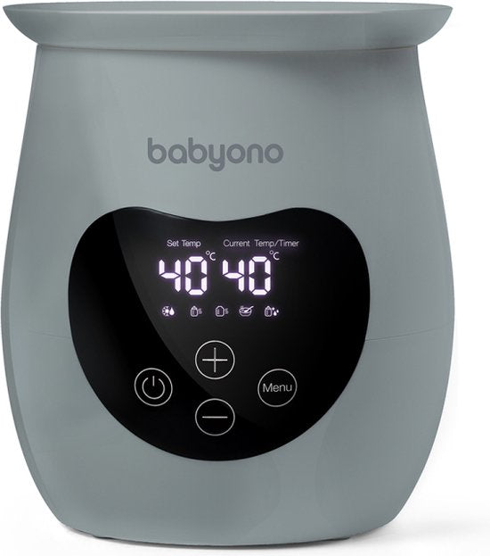 Grijze flessenwarmer en sterilisator met digitaal scherm
