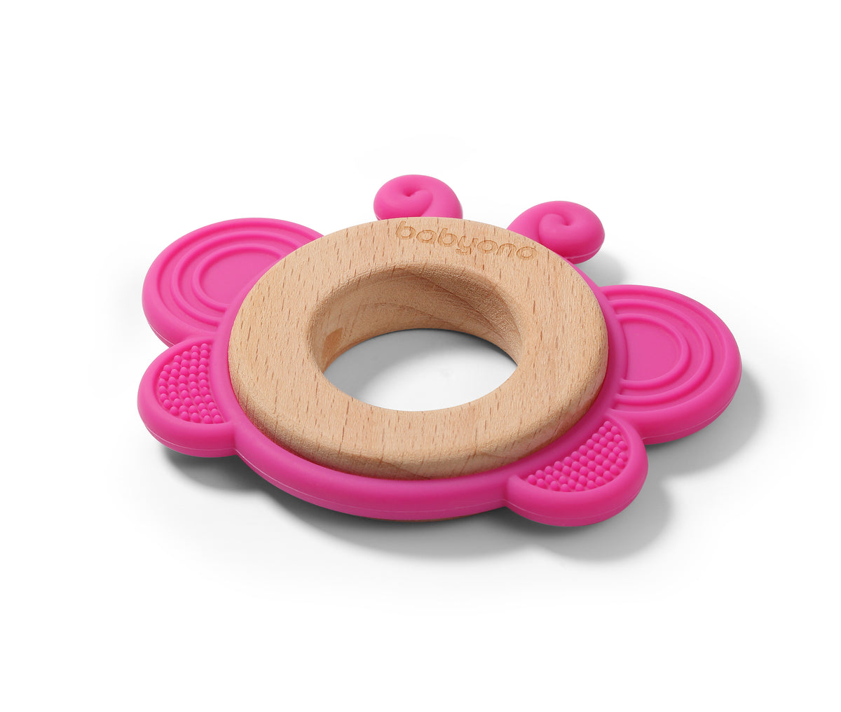 Houten en siliconen bijtring Vlinder van Babyono in roze