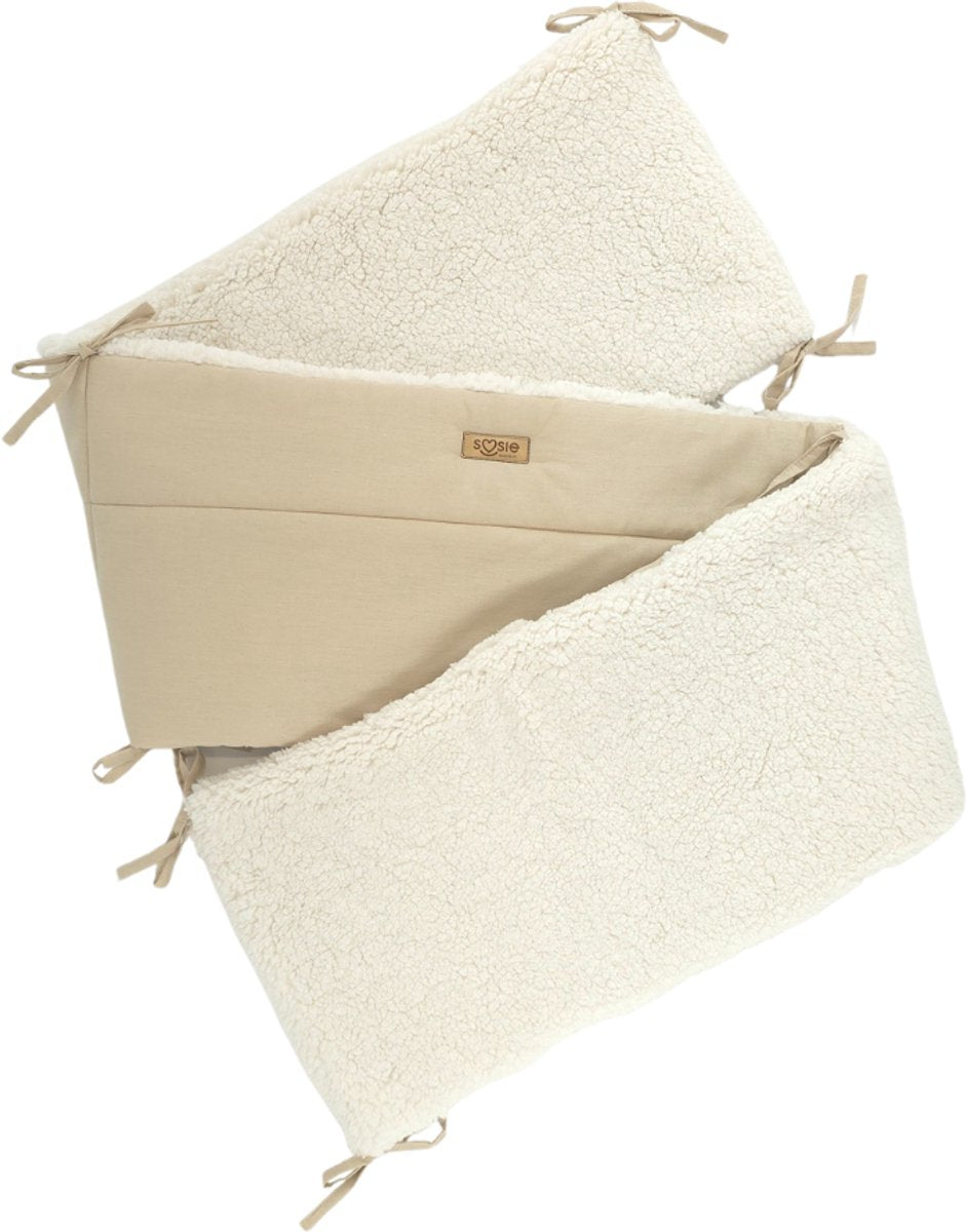 Soosie bedomrander TEDDY dubbelzijdig, crème teddy met beige katoen, 180x30 cm