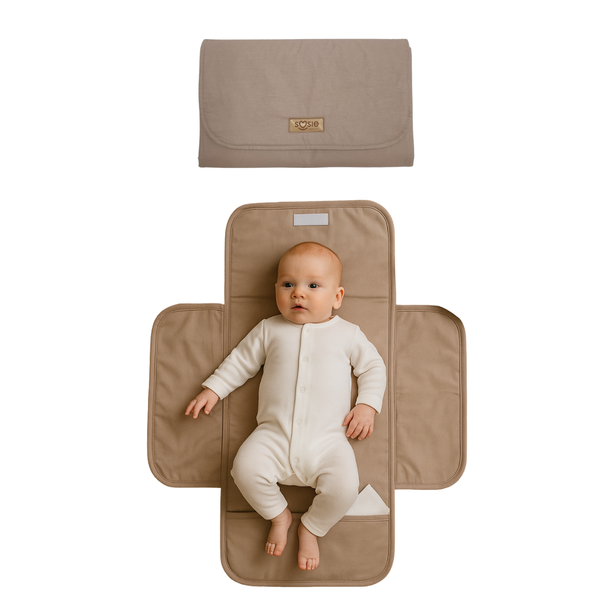 Soosie - Opvouwbaar Waterdicht Verschoonmatje – Reisverschoonmat Baby 70×55 cm – Beige – Met Vakje & Klittenbandsluiting
