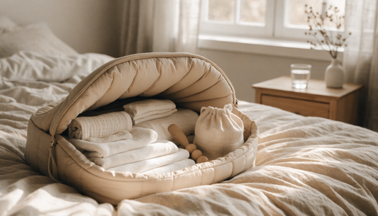 Ingepakte ziekenhuistas met gevouwen babykleding en hydrofiele doeken op bed