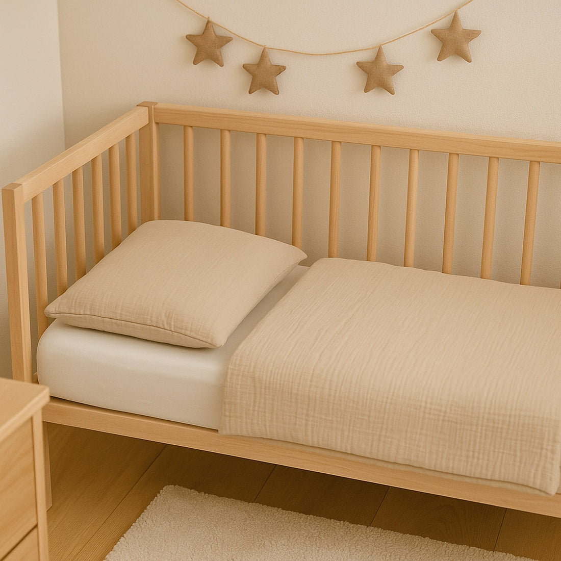 Houten ledikant met beige mousseline hoeslaken en kussen onder een sterrenslinger