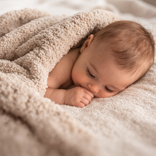 Baby ligt te slapen op een zachte teddy bouclé deken