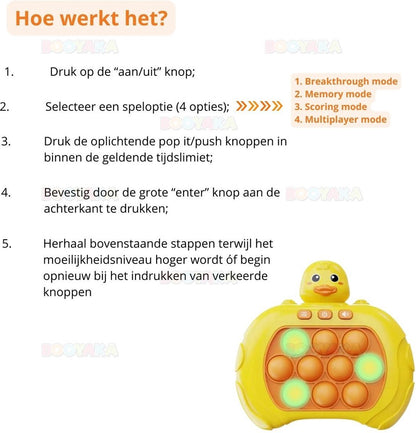 Interactieve Push & Pop It Spel – Eendje (Duck) | Licht & Geluid | 4 Spelmodi | Sensorisch Speelgoed