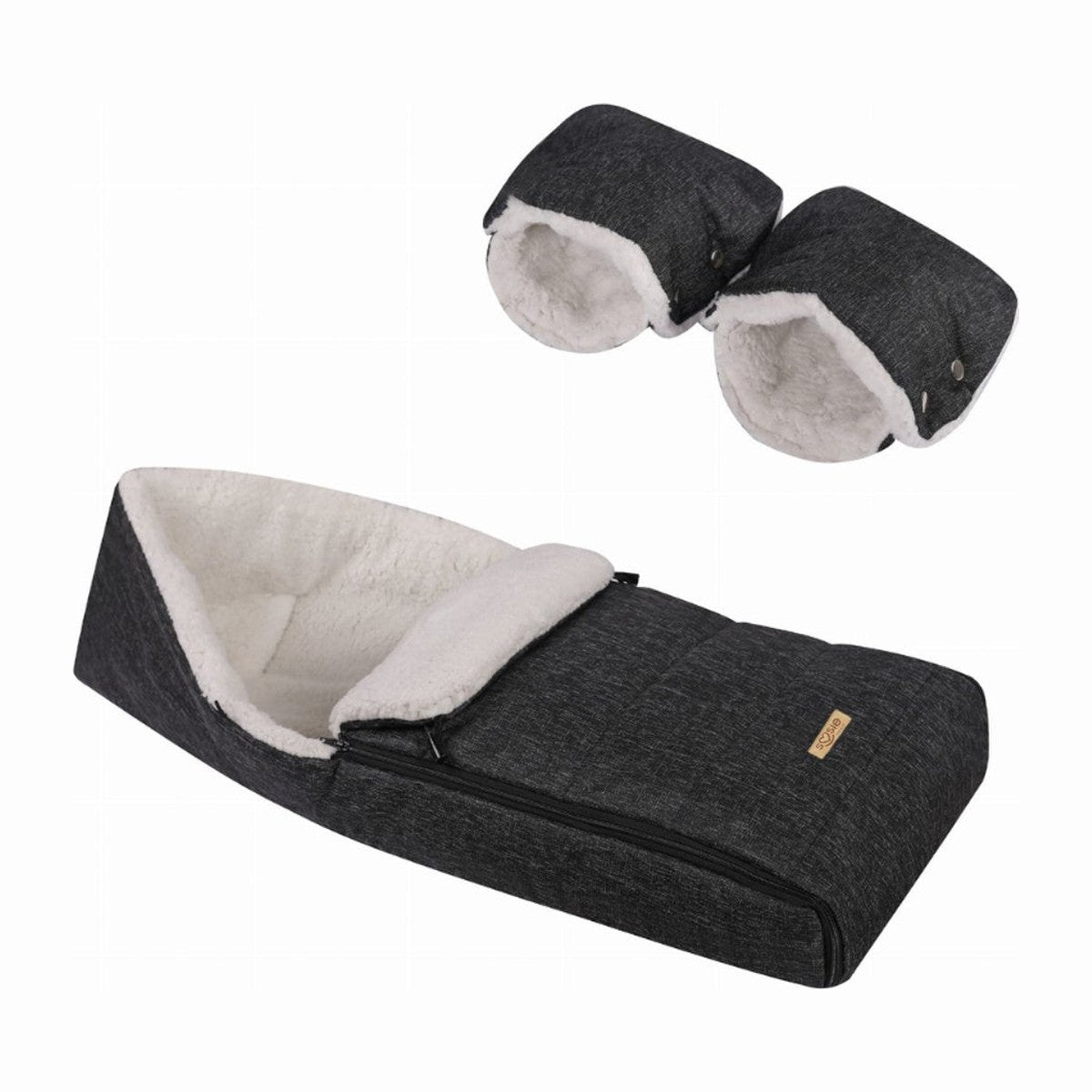 Soosie winter voetenzak Zwart Melange & Teddy Crème met handmof, complete set
