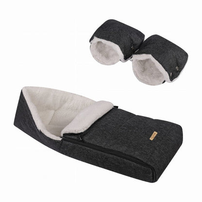 Soosie winter voetenzak Zwart Melange & Teddy Crème met handmof, complete set
