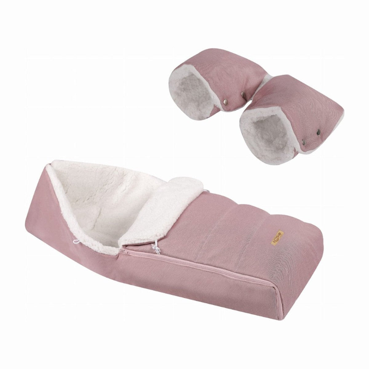 Soosie winter voetenzak Roze Melange & Teddy Crème met handmof, complete set