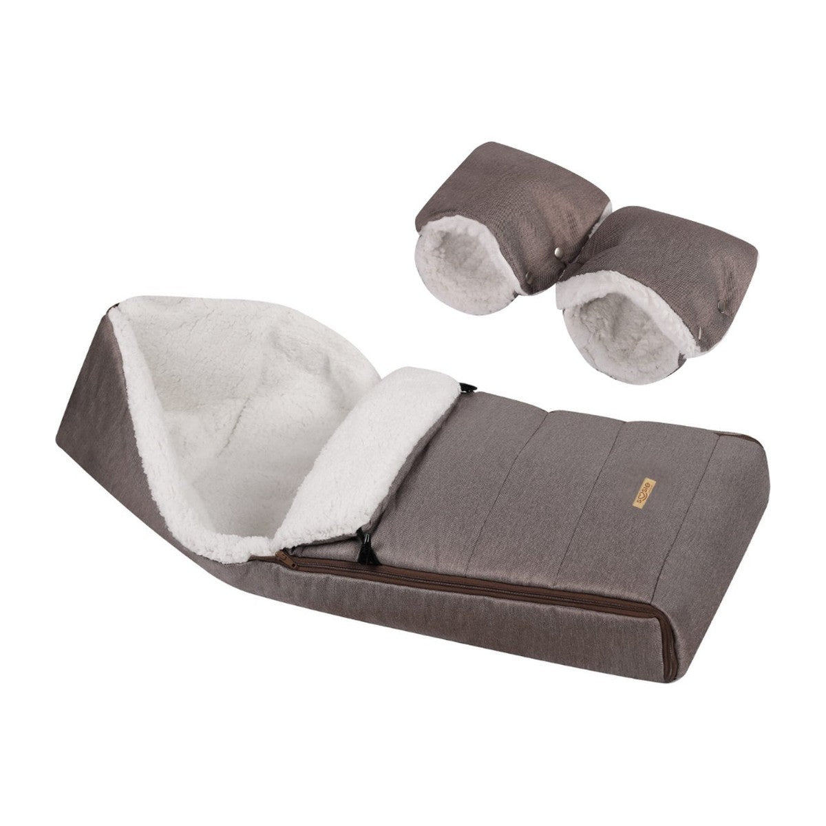 Soosie winter voetenzak Bruin Melange & Teddy Crème met handmof, complete set