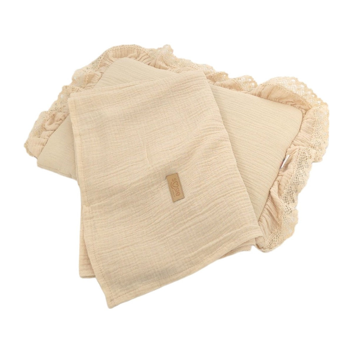 Soosie dekenset katoen mousseline beige met kanten rand, deken en kussen