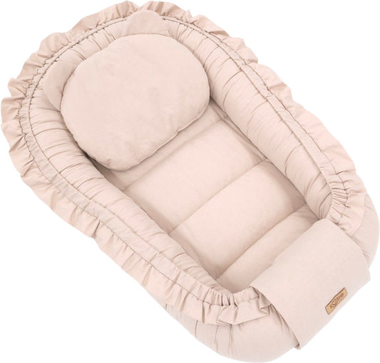Soosie babynestje FRILL Beige met kussentje en klapje met strikkoorden, 90x50 cm