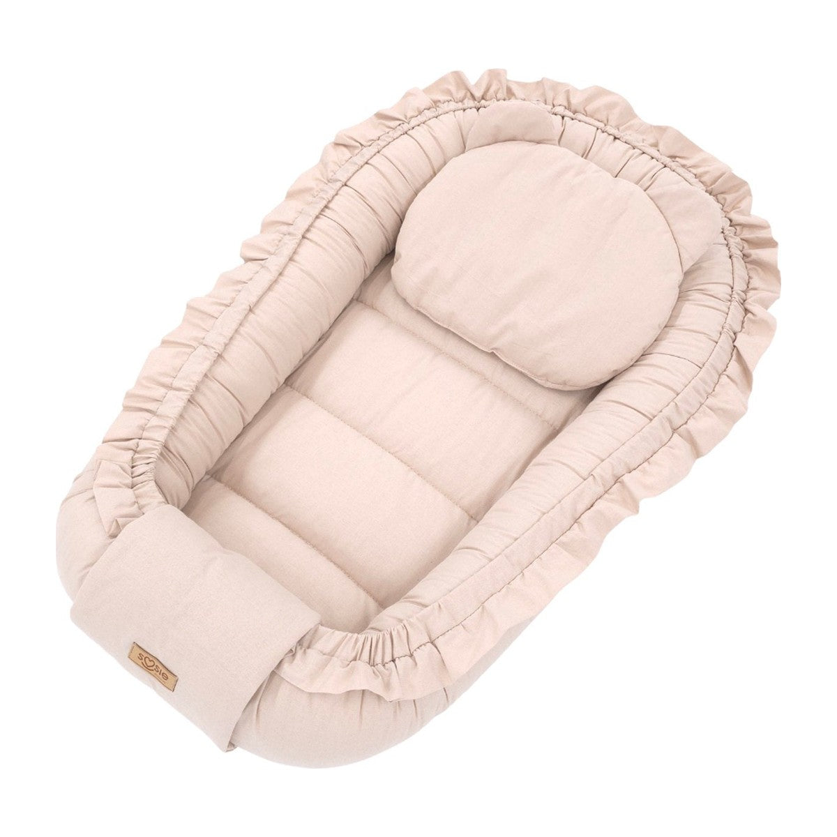 Soosie babynestje FRILL UP Beige, bovenaanzicht met kussentje