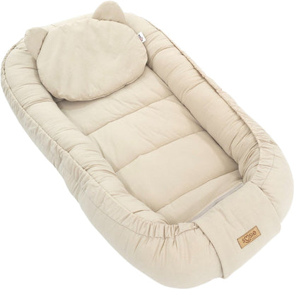 Soosie Babynestje – Katoen – Beige – 90×50 cm, Verstelbaar met Strikkoorden – Inclusief Kussentje – OEKO-TEX®, Anti-allergeen, Made in EU