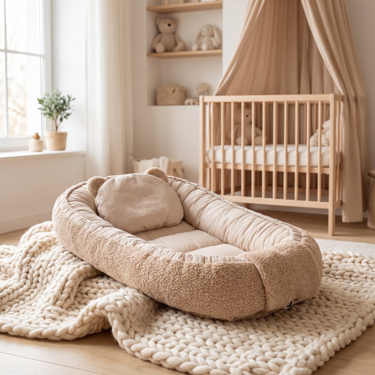 Soosie babynestje dubbelzijdig Bruin Teddy / Bruin Katoen, zijaanzicht