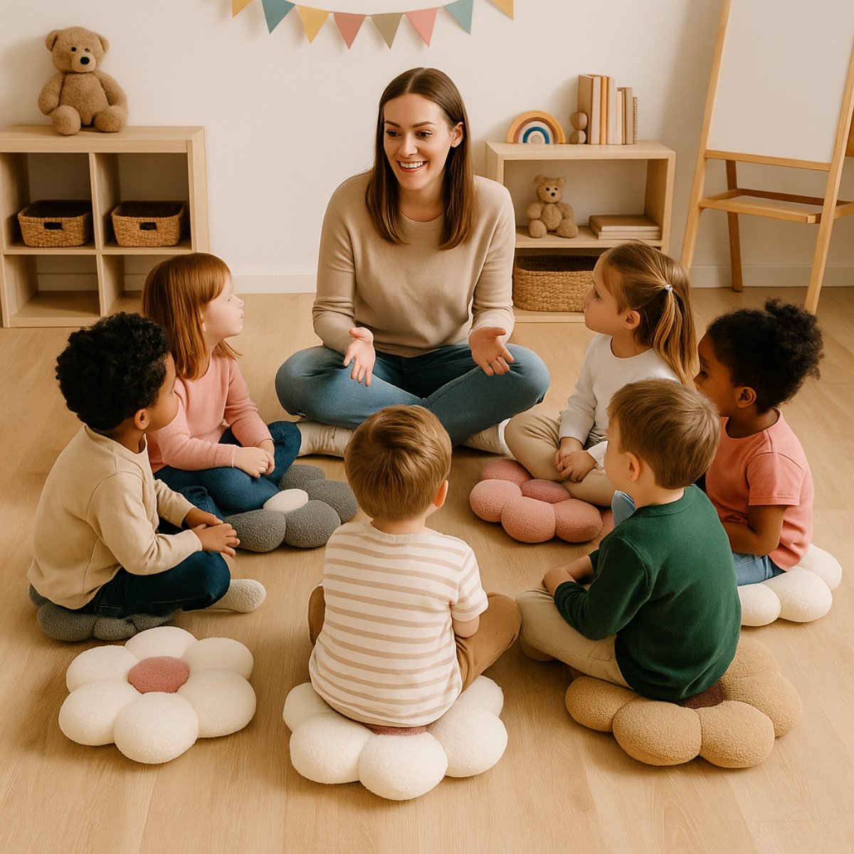 Crème bloemkussen met beige hart in een babykamer