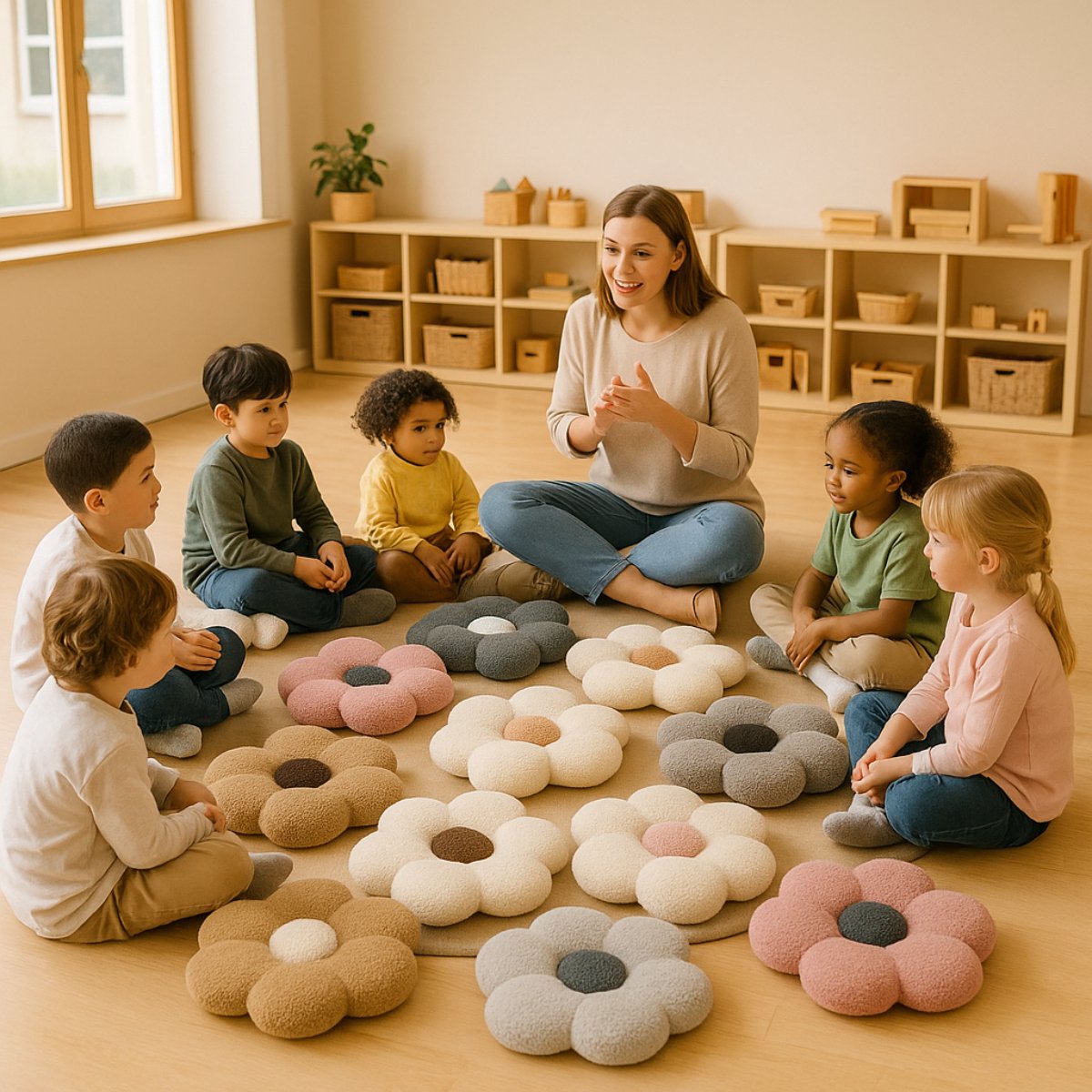 Sierkussen / Kussentje- Bloem – Kussentje – Teddy Bouclé – Ø 40 cm – Zacht Roze & Grijs