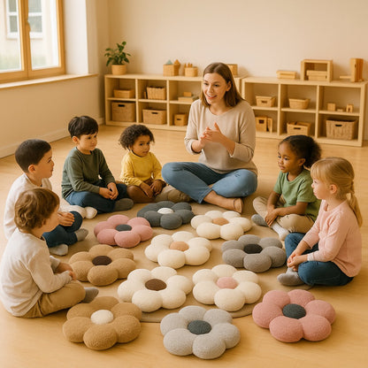 Sierkussen / Kussentje- Bloem – Kussentje – Teddy Bouclé – Ø 40 cm – Zacht Roze & Grijs