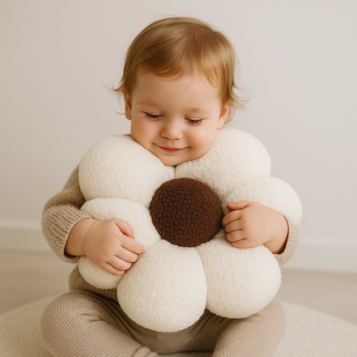 Sierkussen Bloem van teddy bouclé in crème met bruin hart, Ø 40 cm
