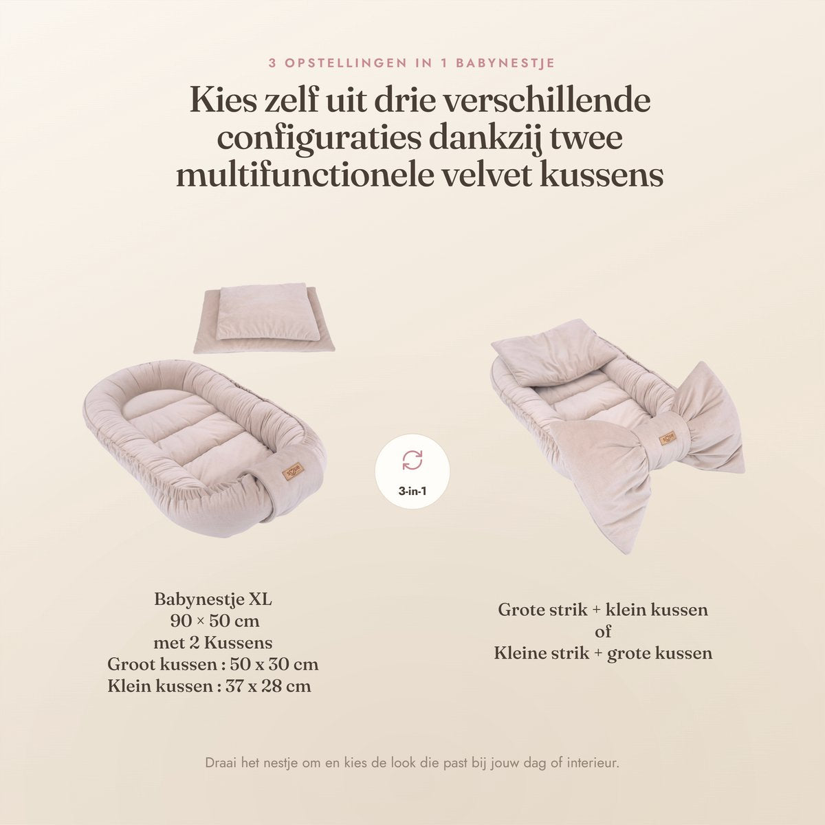 Babynestje Velvet Bow beige – drie opstellingen met twee kussens, 90x50 cm, kussens 50x30 en 37x28 cm