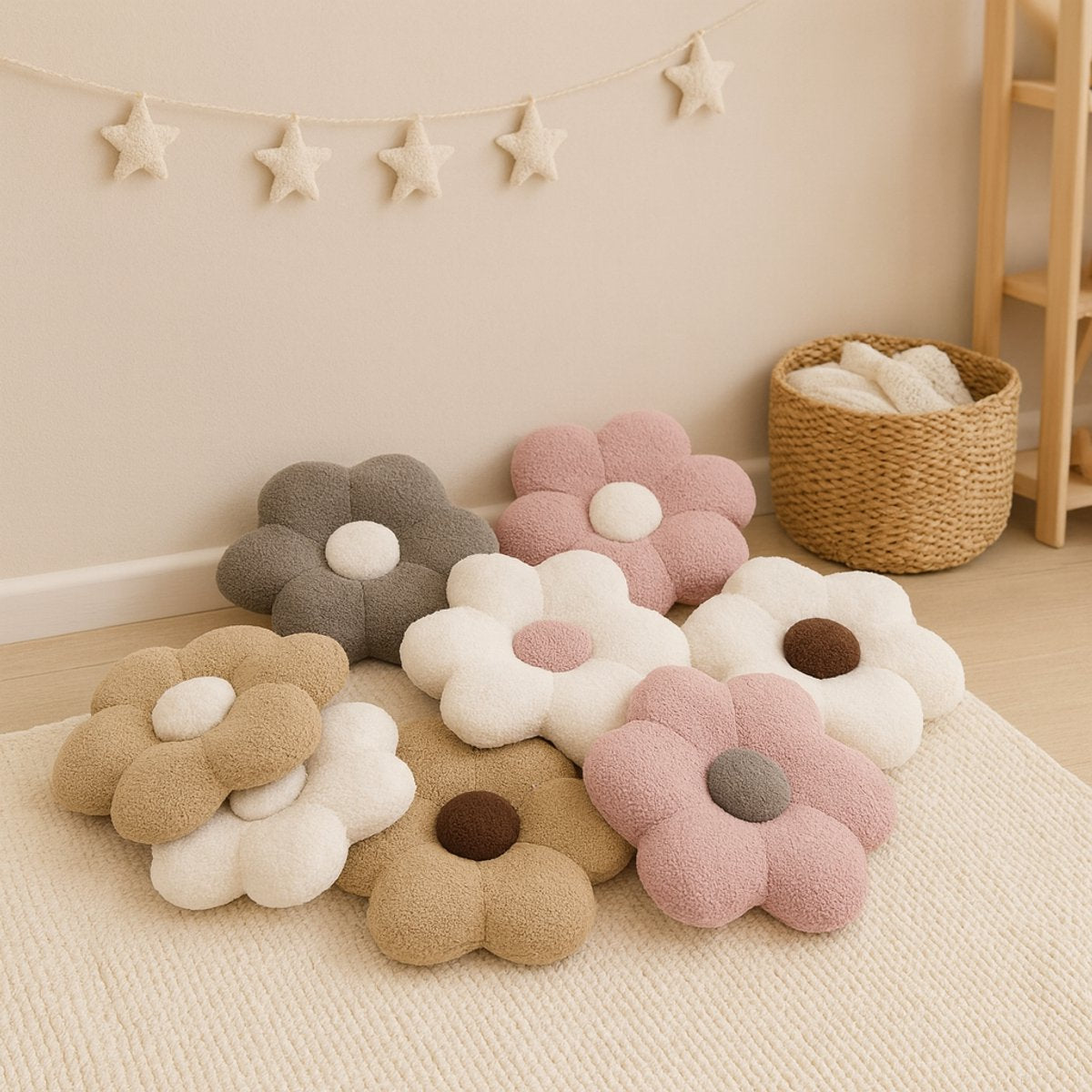 Detail van het crème teddy bouclé bloemkussen