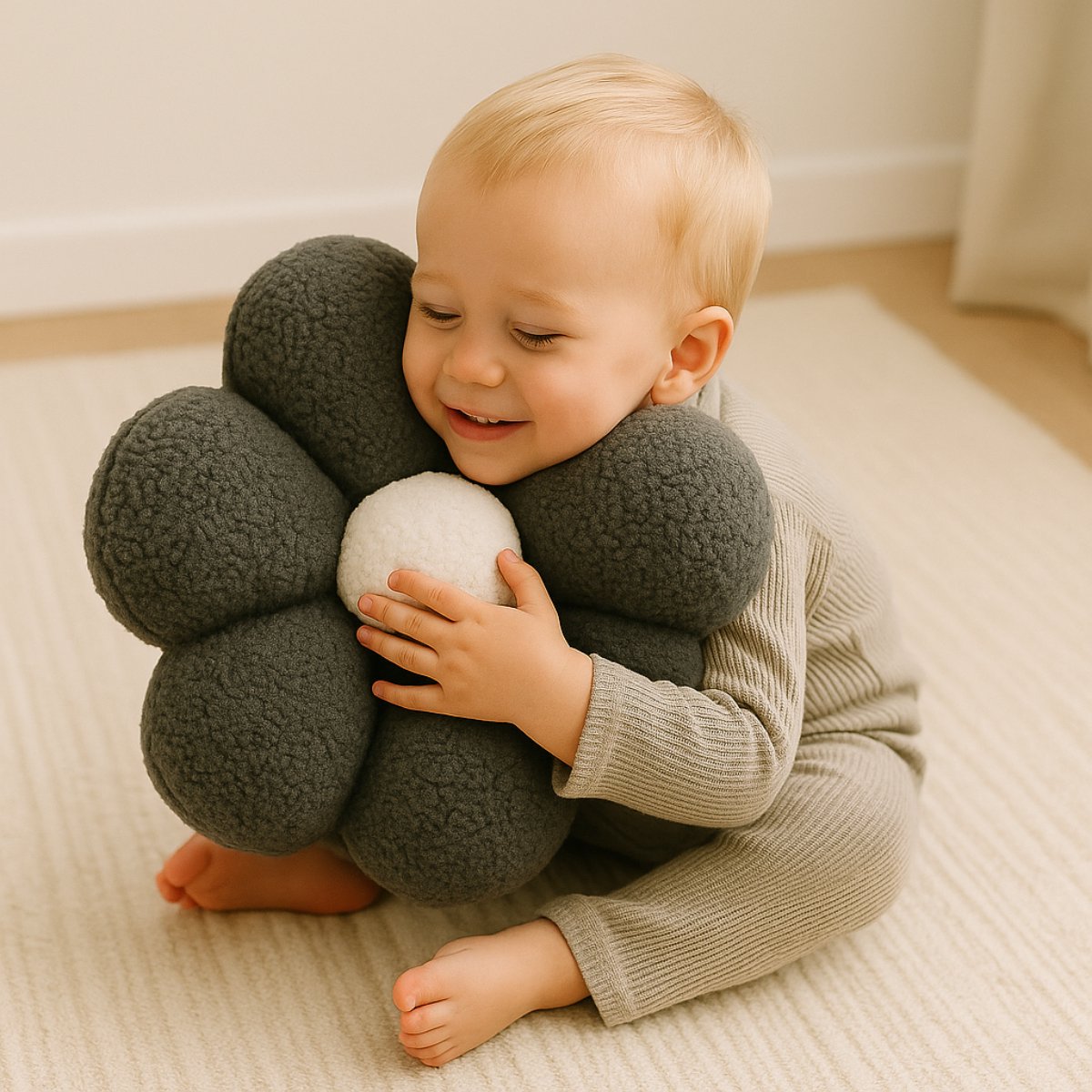 Grijs bloemkussen met crème hart in een babykamer