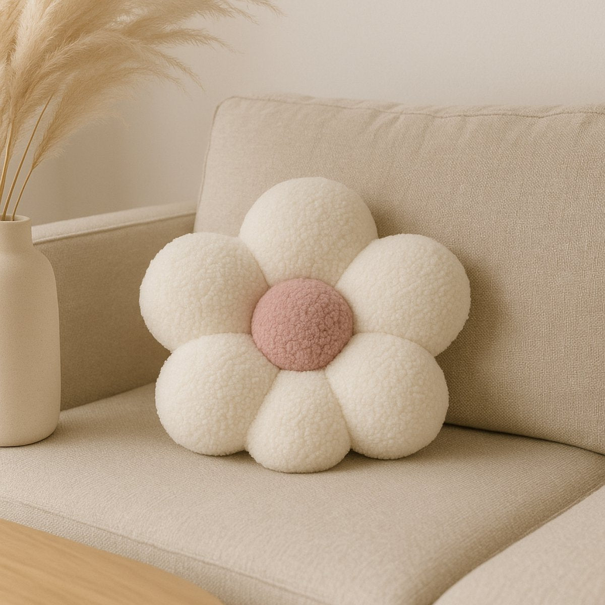 Sierkussen Bloem van teddy bouclé in crème met zacht roze hart, Ø 40 cm