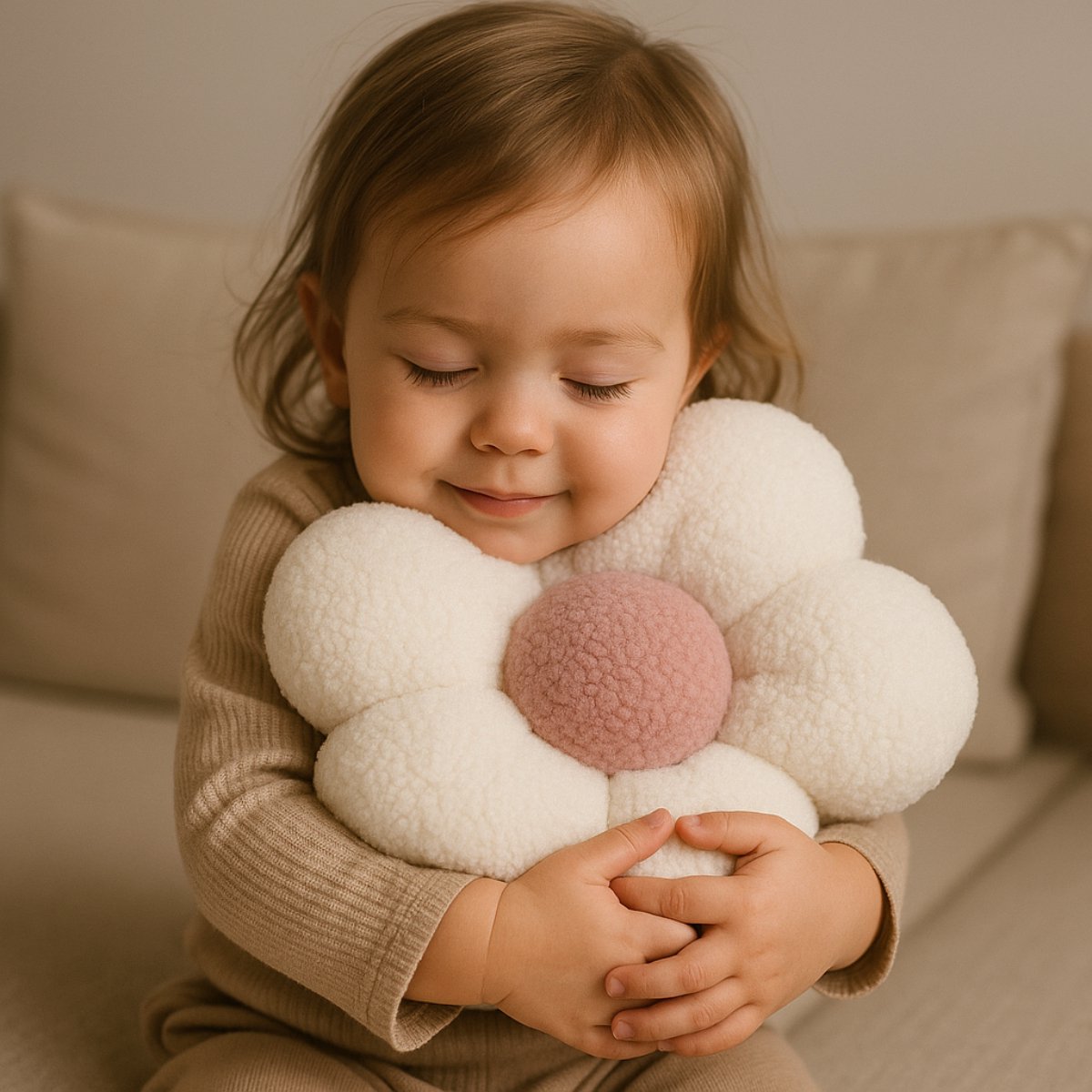 Detail van het crème teddy bouclé bloemkussen met roze hart
