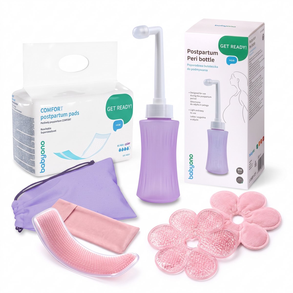 Postpartum herstelset met peri bottle, kompressen en kraamverband