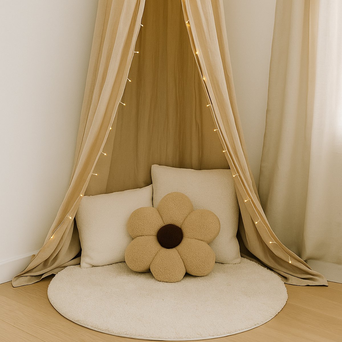 Detail van het teddy bouclé weefsel van het beige bloemkussen