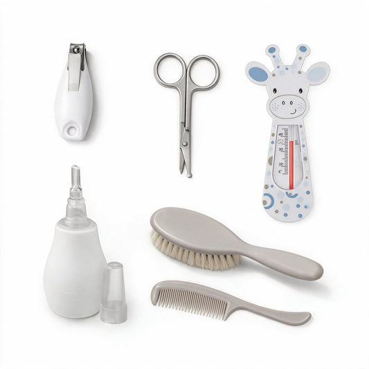 Baby verzorgingsset 6-delig met nagelknipper, schaartje, badthermometer, neusreiniger, haarborstel en kam