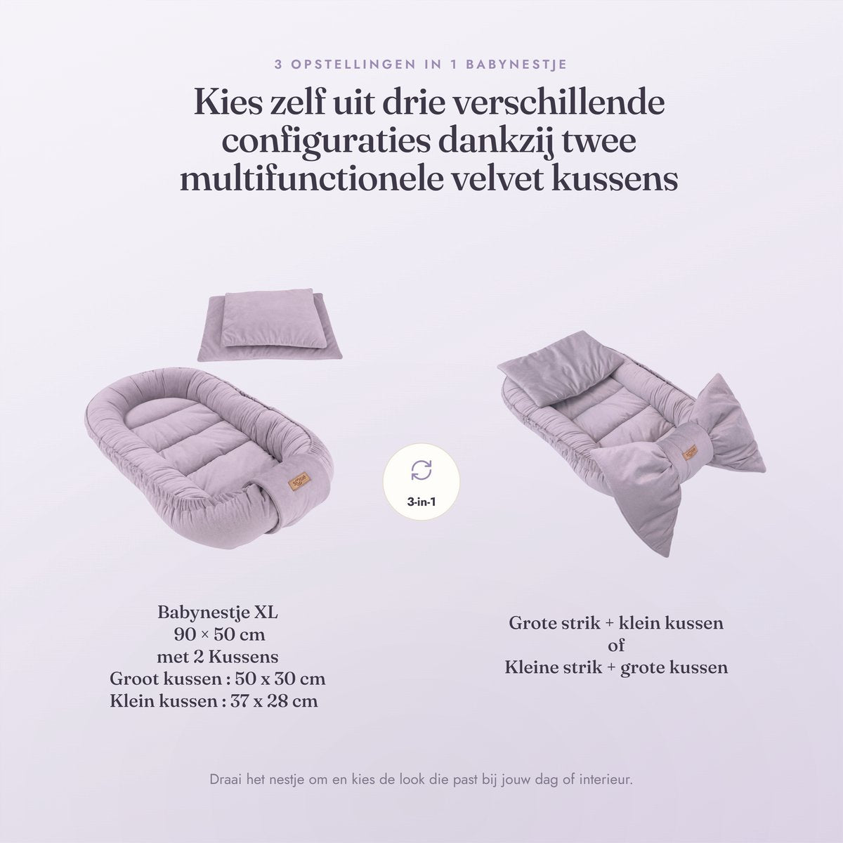 Babynestje Velvet Bow zacht grijs – drie opstellingen met twee kussens, 90x50 cm, kussens 50x30 en 37x28 cm