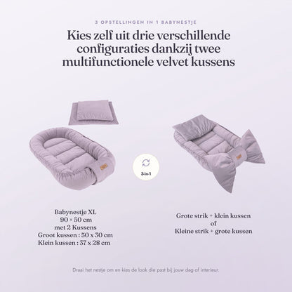 Babynestje Velvet Bow zacht grijs – drie opstellingen met twee kussens, 90x50 cm, kussens 50x30 en 37x28 cm