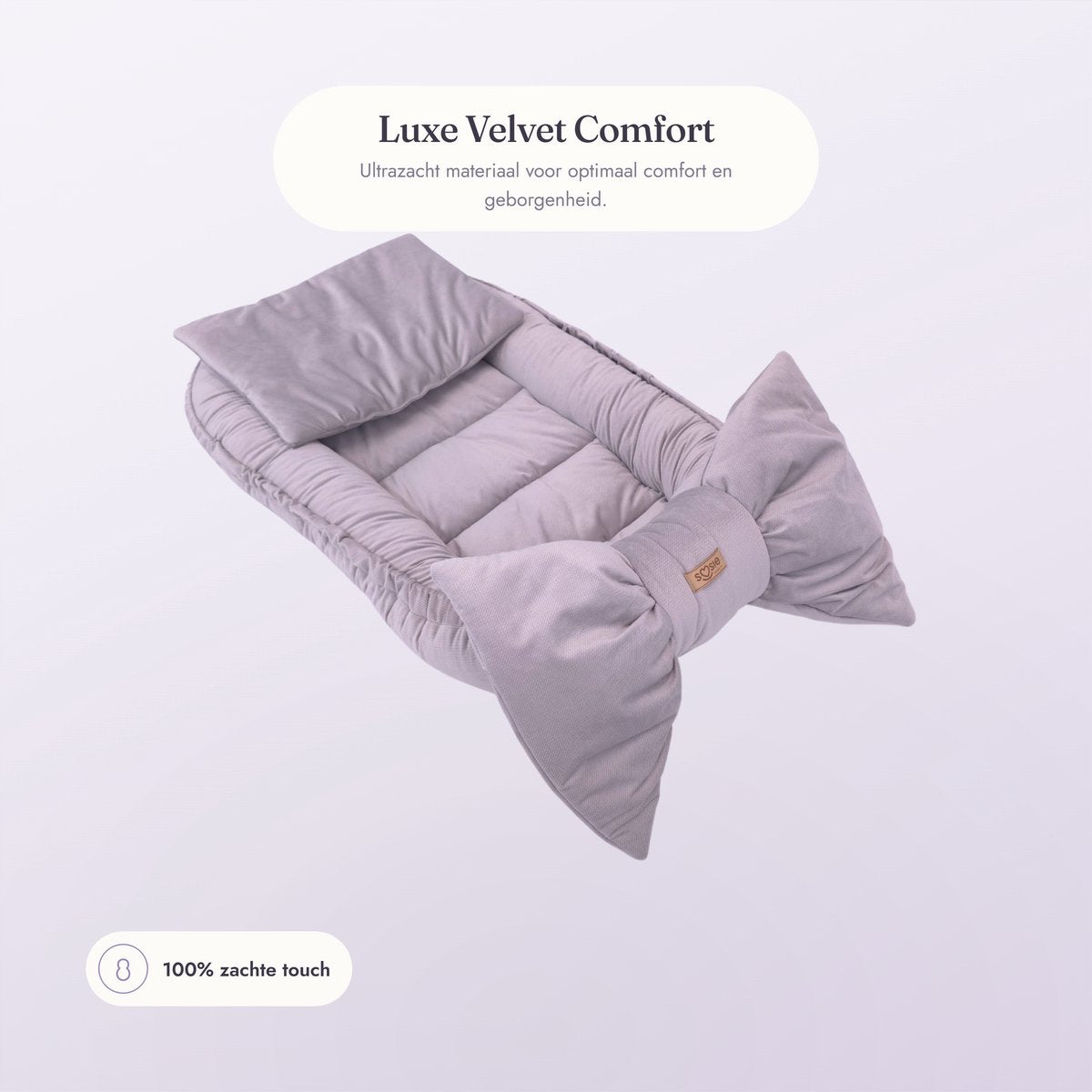 Babynestje Velvet Bow zacht grijs – luxe velvet, ultrazacht materiaal