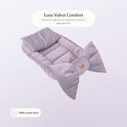 Babynestje Velvet Bow zacht grijs – luxe velvet, ultrazacht materiaal