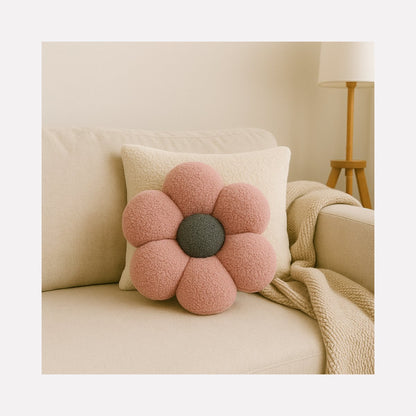 Sierkussen / Kussentje- Bloem – Kussentje – Teddy Bouclé – Ø 40 cm – Zacht Roze & Grijs