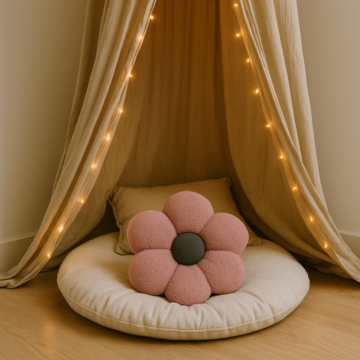 Sierkussen / Kussentje- Bloem – Kussentje – Teddy Bouclé – Ø 40 cm – Zacht Roze & Grijs