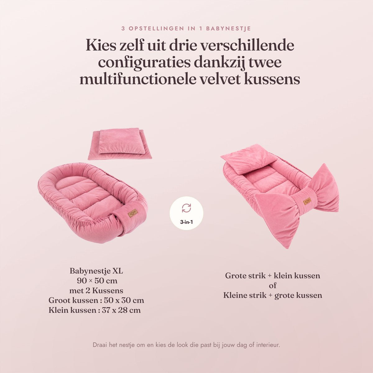 Babynestje Velvet Bow roze – drie opstellingen met twee kussens, 90x50 cm, kussens 50x30 en 37x28 cm