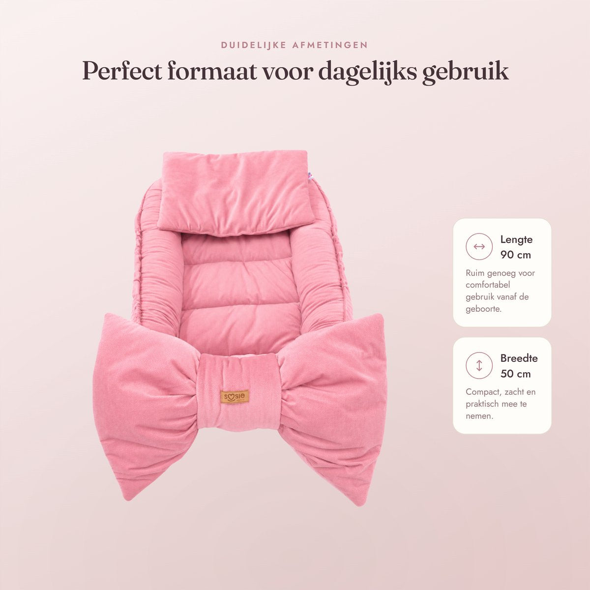 Babynestje Velvet Bow roze – afmetingen 90 cm lang en 50 cm breed