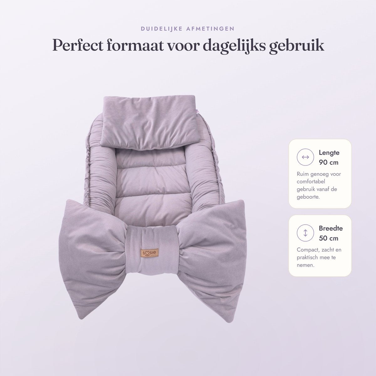 Babynestje Velvet Bow zacht grijs – afmetingen 90 cm lang en 50 cm breed