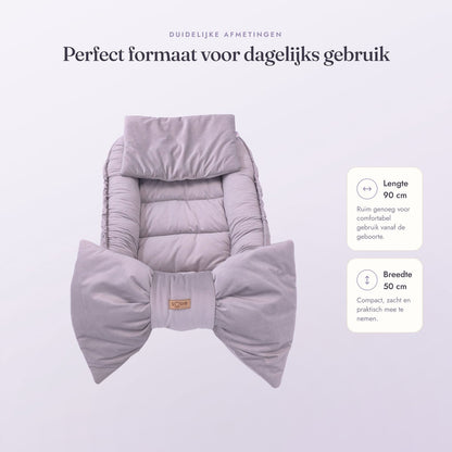 Babynestje Velvet Bow zacht grijs – afmetingen 90 cm lang en 50 cm breed
