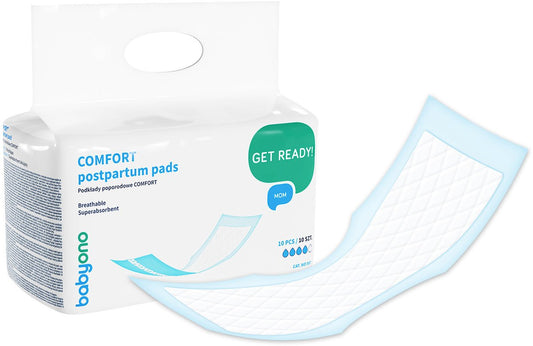 Kraamverband Comfort van Babyono, verpakking met een uitgevouwen kraamverband ernaast