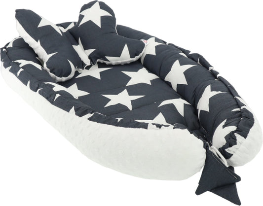 Soosie babynestje Minky-collectie met kussen, katoen met sterren en witte minky