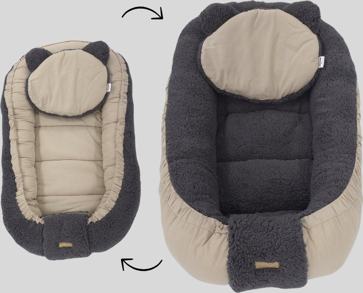 Soosie babynestje dubbelzijdig Grijs Teddy / Bruine Katoen, zijaanzicht