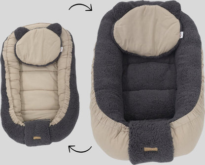Soosie babynestje dubbelzijdig Grijs Teddy / Bruine Katoen, zijaanzicht