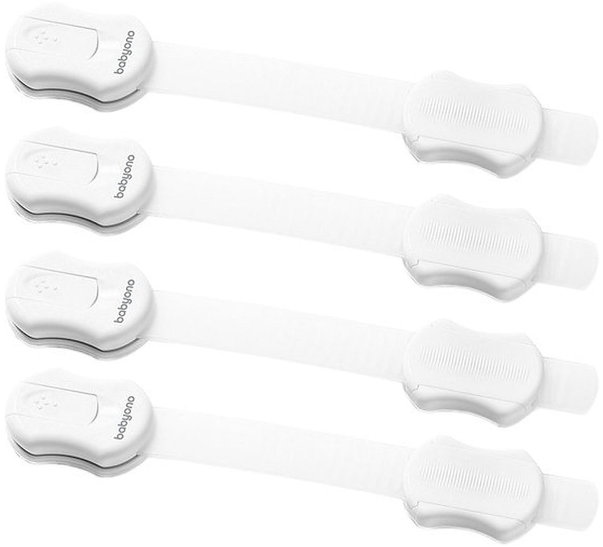 Vier witte universele kastdeurklemmen met zelfklevende bevestiging
