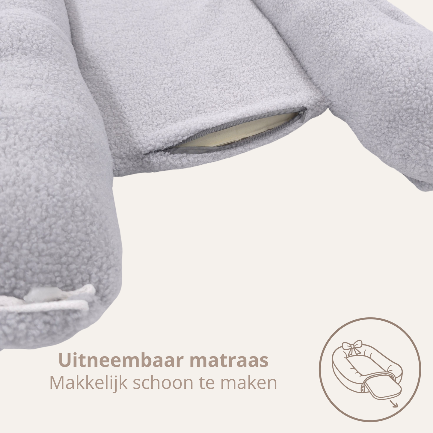 Teddy Bow Babynestje – Zacht Teddy Babynest met Uitneembaar Matras en Decoratieve Strik – Grijs